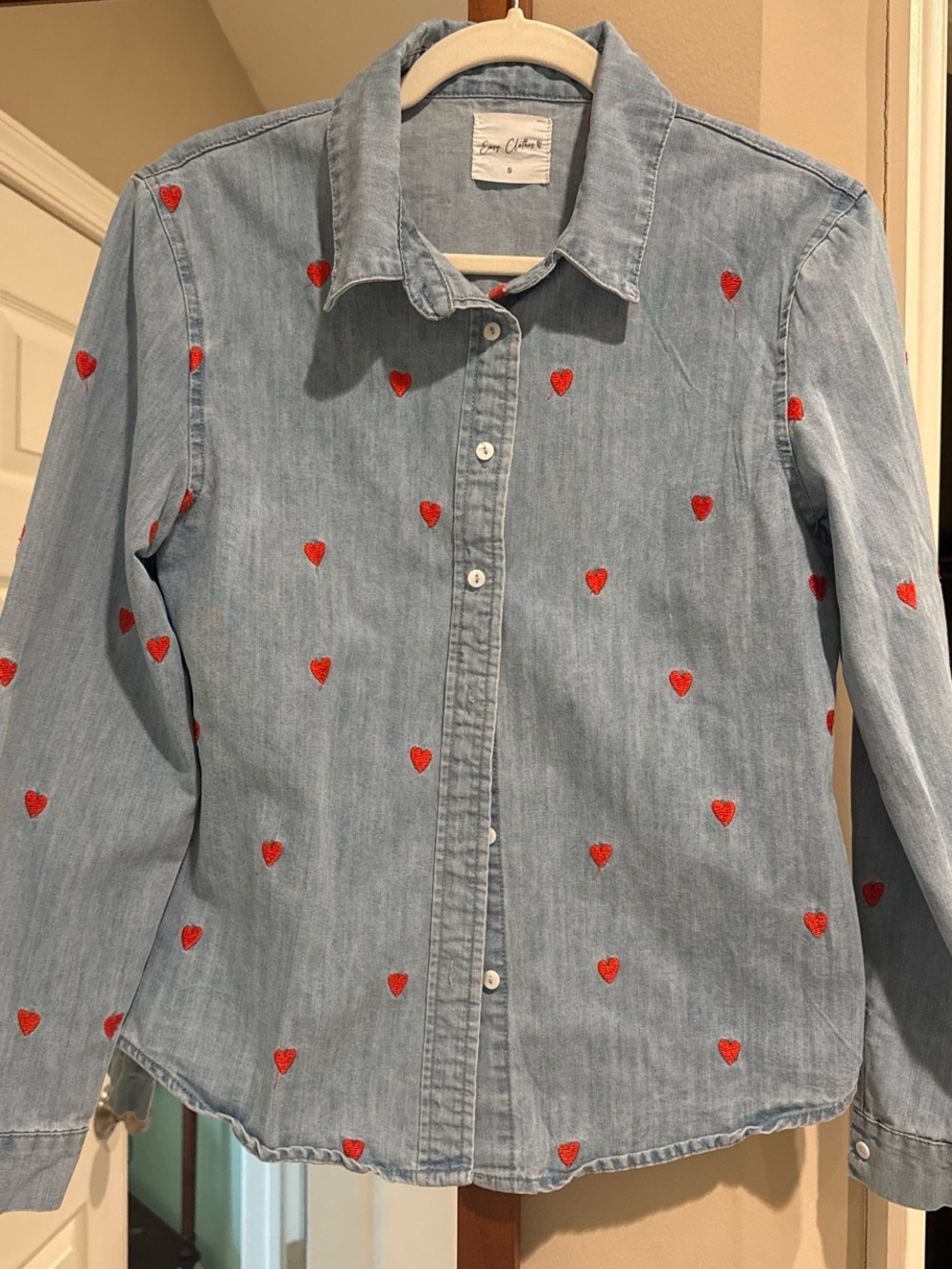 Light Blue Denim Button-Down Shirt with Red Heart Embroidery